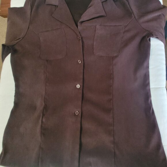 Brown Faux Suede Long Sleeve Blouse Dress Barn Womens Size XL - Picture 3 of 14